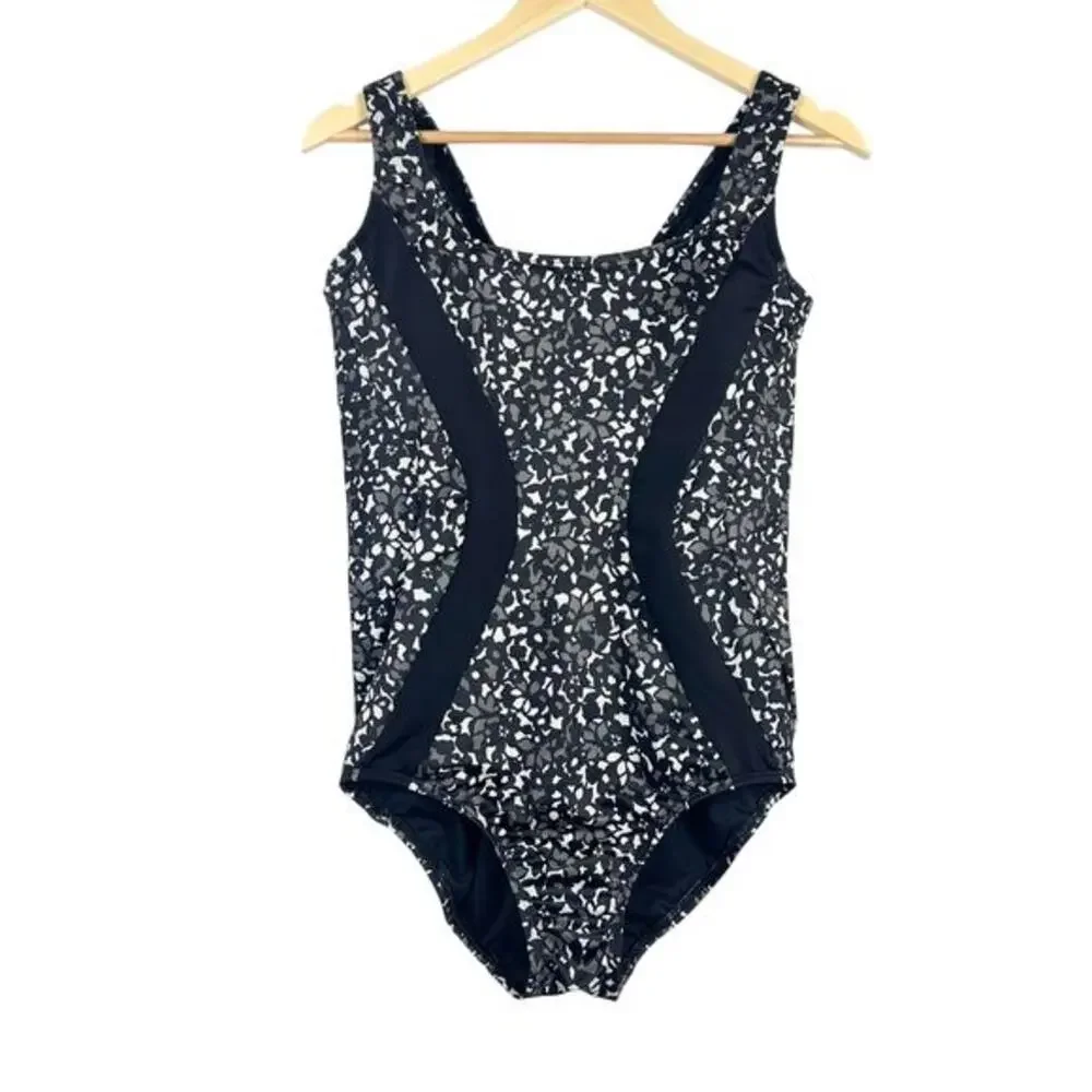 LANDS END 10 D Black Gray Slimming Scoop Neck Padded Women's‎ One Piece Swimsuit